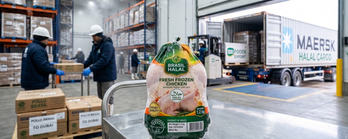 Brasil Halal Fresh Frozen Chicken being prepared for export in a cold storage warehouse, with Maersk Halal Cargo truck loading boxes labeled Pollo Brasil to Dubai