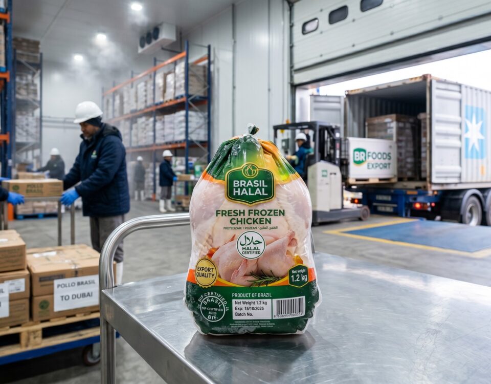 Brasil Halal Fresh Frozen Chicken being prepared for export in a cold storage warehouse, with Maersk Halal Cargo truck loading boxes labeled Pollo Brasil to Dubai
