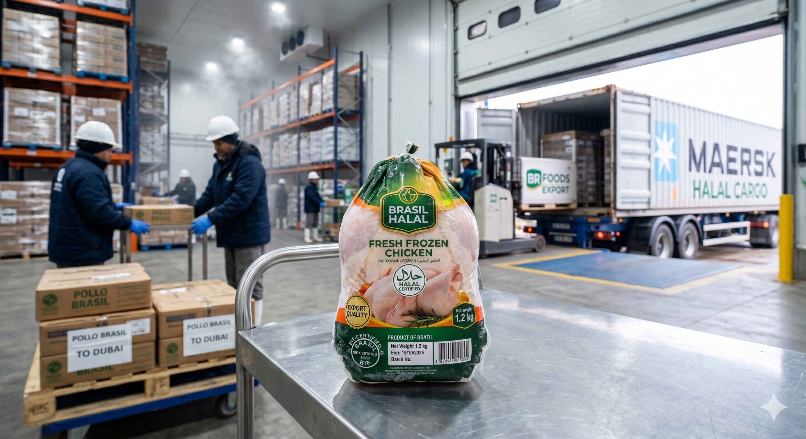 Brasil Halal Fresh Frozen Chicken being prepared for export in a cold storage warehouse, with Maersk Halal Cargo truck loading boxes labeled Pollo Brasil to Dubai