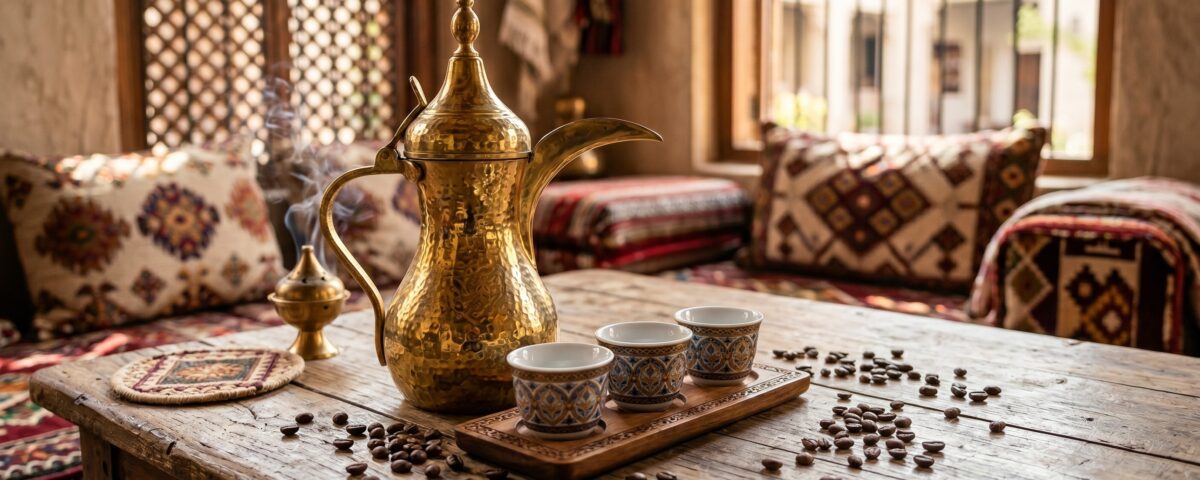 Traditional Arabic coffee dallah with cardamom-spiced coffee and coffee beans, Gulf hospitality setting