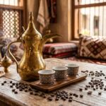 Traditional Arabic coffee dallah with cardamom-spiced coffee and coffee beans, Gulf hospitality setting