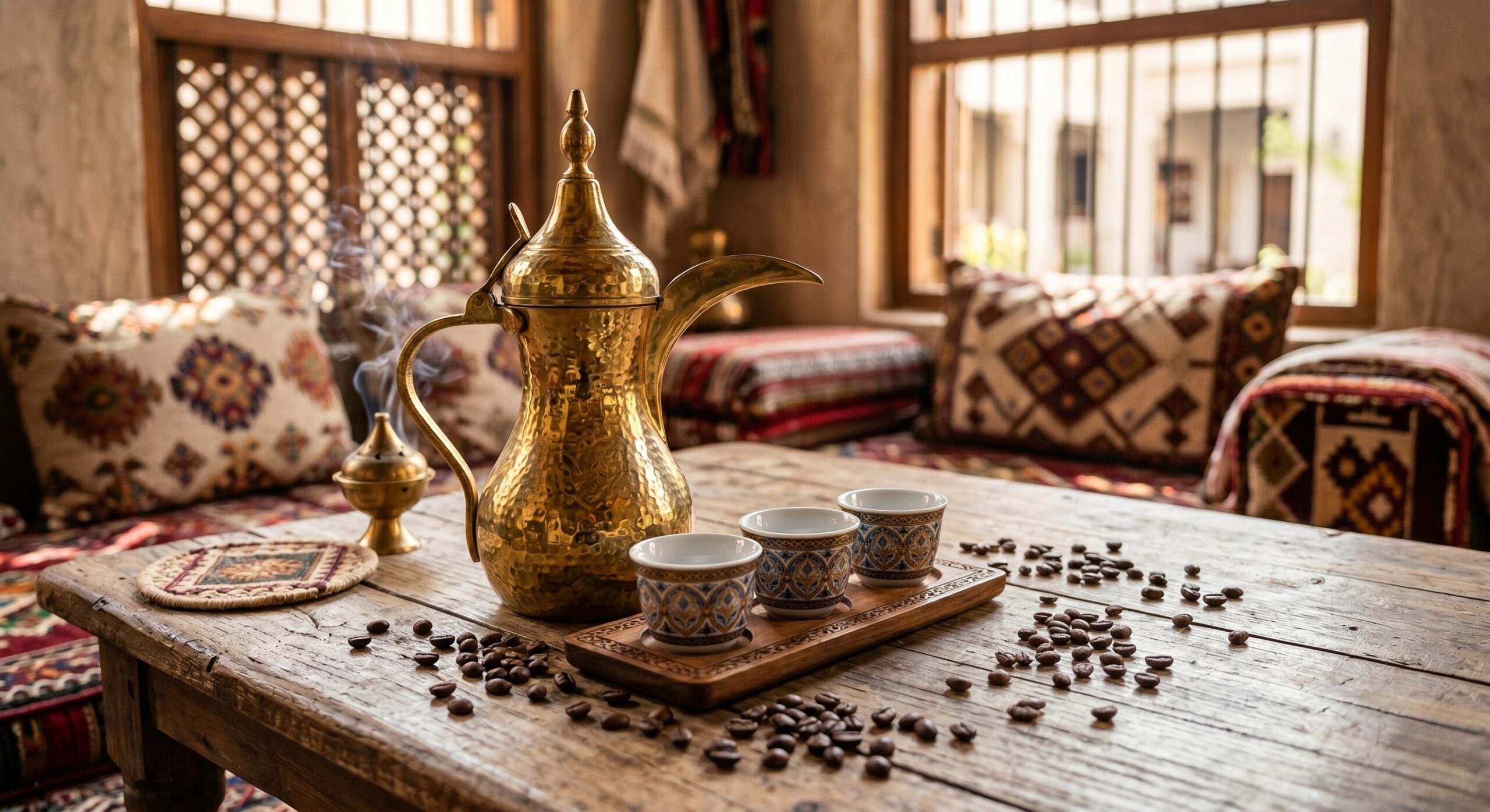 Traditional Arabic coffee dallah with cardamom-spiced coffee and coffee beans, Gulf hospitality setting